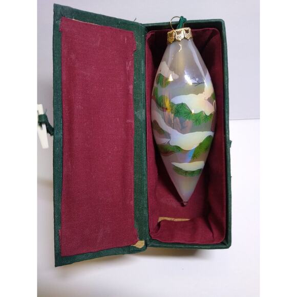 Teardrop Christmas Tree Glass Ornament Snowy Tree Branches Surreal Reverse Paint - Picture 1 of 6